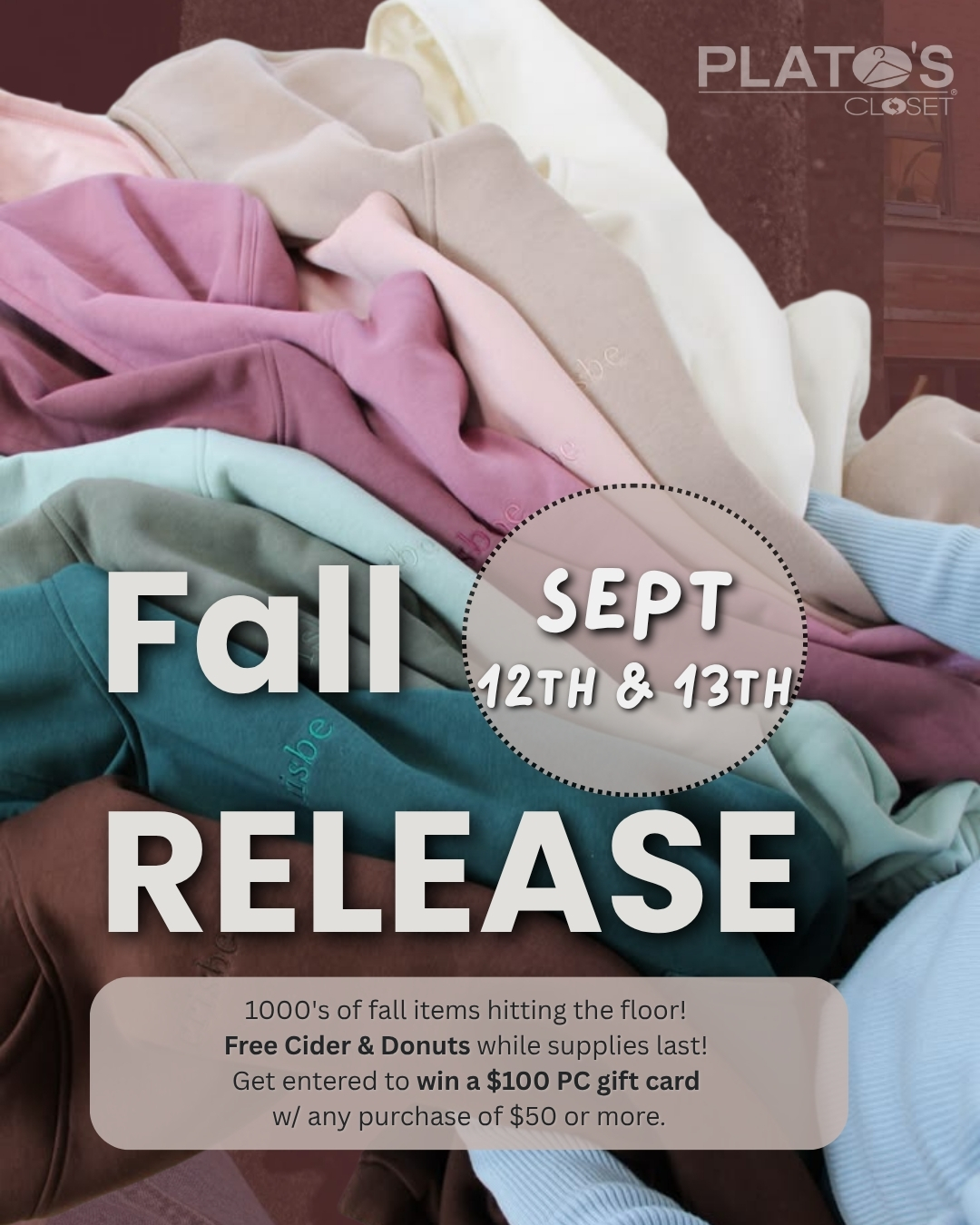 Fall Release at Plato’s Closet Utica on September 12 and 13 with thousands of fall styles, free cider and donuts, and a $100 gift card giveaway
